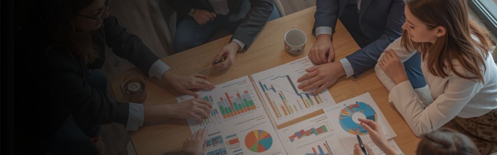 business people sitting at table looking at charts and graphs
